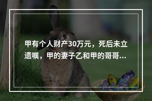 甲有个人财产30万元，死后未立遗嘱，甲的妻子乙和甲的哥哥丙仍