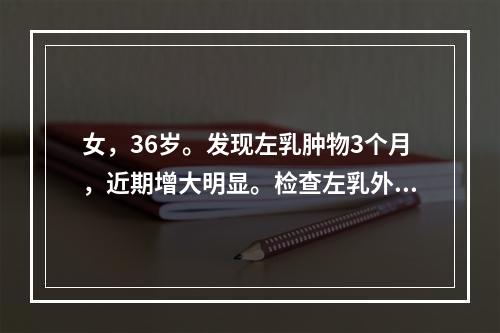 女，36岁。发现左乳肿物3个月，近期增大明显。检查左乳外上象