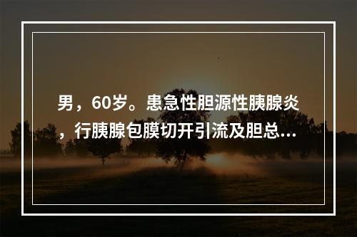 男，60岁。患急性胆源性胰腺炎，行胰腺包膜切开引流及胆总管探