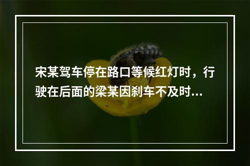 宋某驾车停在路口等候红灯时，行驶在后面的梁某因刹车不及时撞向