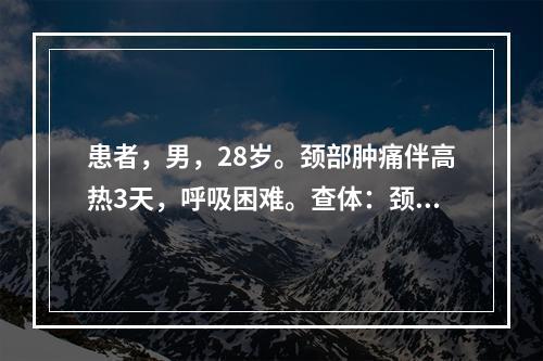 患者，男，28岁。颈部肿痛伴高热3天，呼吸困难。查体：颈前肿