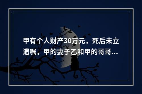 甲有个人财产30万元，死后未立遗嘱，甲的妻子乙和甲的哥哥丙仍