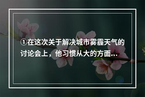 ①在这次关于解决城市雾霾天气的讨论会上，他习惯从大的方面思考