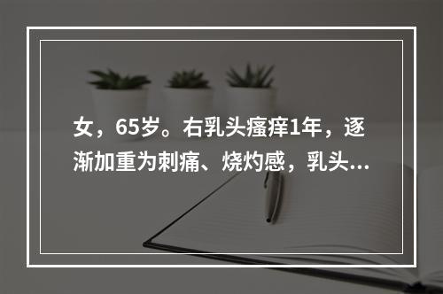 女，65岁。右乳头瘙痒1年，逐渐加重为刺痛、烧灼感，乳头有碎