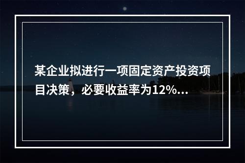 某企业拟进行一项固定资产投资项目决策，必要收益率为12%，有