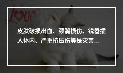 皮肤破损出血、颈髓损伤、锐器插人体内、严重挤压伤等是灾害发生