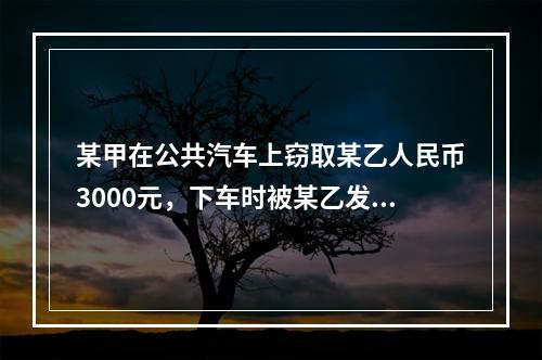 某甲在公共汽车上窃取某乙人民币3000元，下车时被某乙发现，