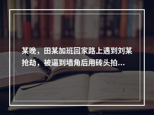 某晚，田某加班回家路上遇到刘某抢劫，被逼到墙角后用砖头拍在刘