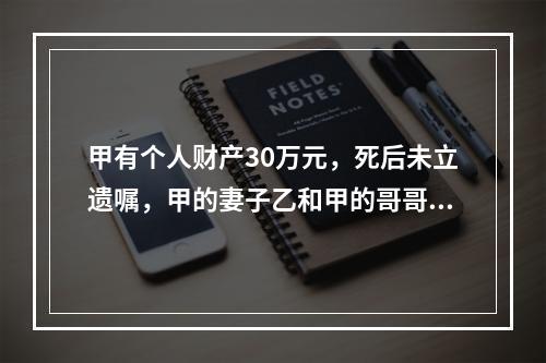 甲有个人财产30万元，死后未立遗嘱，甲的妻子乙和甲的哥哥丙仍