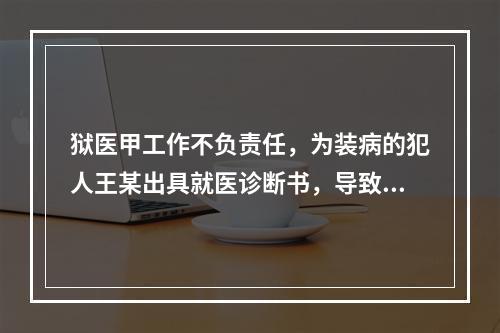 狱医甲工作不负责任，为装病的犯人王某出具就医诊断书，导致王某