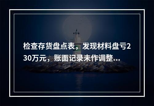 检查存货盘点表，发现材料盘亏230万元，账面记录未作调整，审