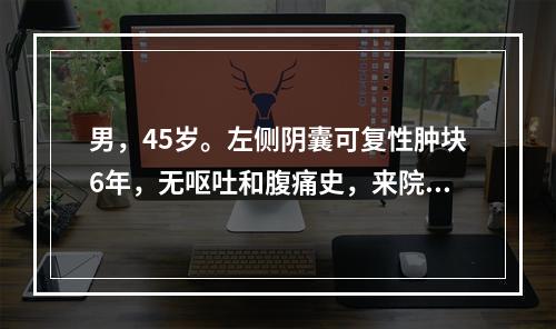 男，45岁。左侧阴囊可复性肿块6年，无呕吐和腹痛史，来院检查