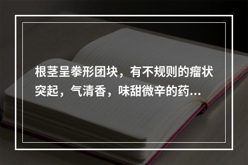 根茎呈拳形团块，有不规则的瘤状突起，气清香，味甜微辛的药材是