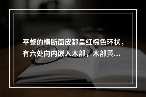 平整的横断面皮都呈红棕色环状，有六处向内嵌入木部，木部黄白色