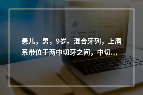 患儿，男，9岁。混合牙列，上唇系带位于两中切牙之间，中切牙之