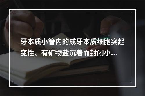 牙本质小管内的成牙本质细胞突起变性、有矿物盐沉着而封闭小管形