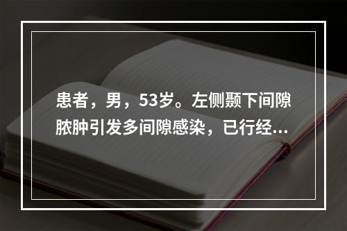 患者，男，53岁。左侧颞下间隙脓肿引发多间隙感染，已行经颞部