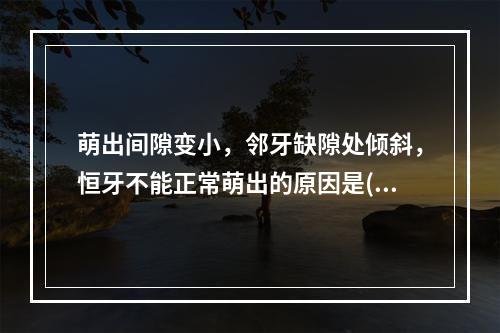 萌出间隙变小，邻牙缺隙处倾斜，恒牙不能正常萌出的原因是( )