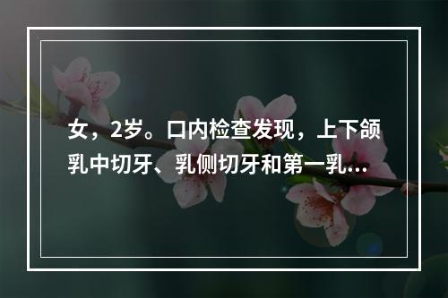 女，2岁。口内检查发现，上下颌乳中切牙、乳侧切牙和第一乳磨牙