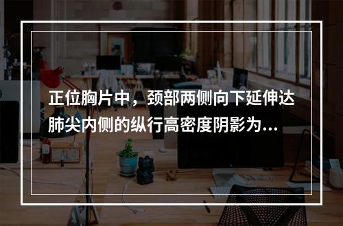 正位胸片中，颈部两侧向下延伸达肺尖内侧的纵行高密度阴影为（）