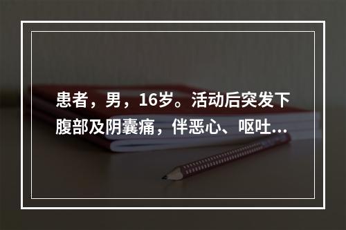 患者，男，16岁。活动后突发下腹部及阴囊痛，伴恶心、呕吐。入