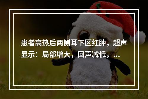 患者高热后两侧耳下区红肿，超声显示：局部增大，回声减低，血流