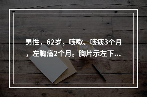 男性，62岁，咳嗽、咳痰3个月，左胸痛2个月。胸片示左下肺圆