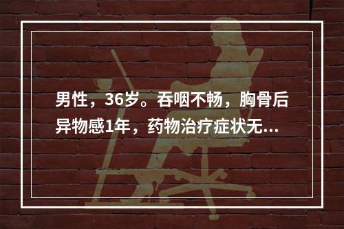 男性，36岁。吞咽不畅，胸骨后异物感1年，药物治疗症状无缓解