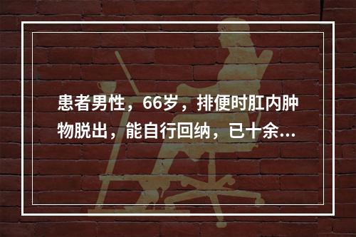 患者男性，66岁，排便时肛内肿物脱出，能自行回纳，已十余年，