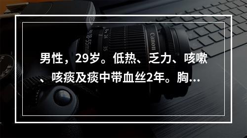 男性，29岁。低热、乏力、咳嗽、咳痰及痰中带血丝2年。胸片显