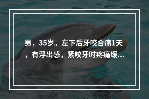 男，35岁。左下后牙咬合痛1天，有浮出感，紧咬牙时疼痛缓解。