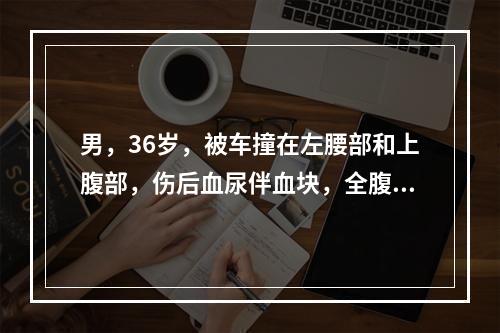 男，36岁，被车撞在左腰部和上腹部，伤后血尿伴血块，全腹痛8