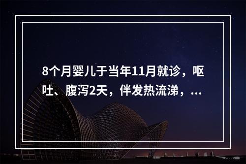 8个月婴儿于当年11月就诊，呕吐、腹泻2天，伴发热流涕，大便