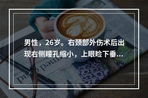 男性，26岁。右颈部外伤术后出现右侧瞳孔缩小，上眼睑下垂，眼