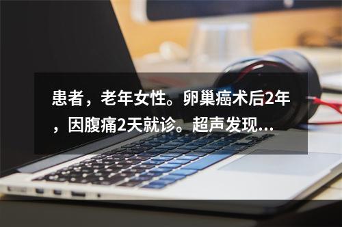 患者，老年女性。卵巢癌术后2年，因腹痛2天就诊。超声发现腹腔