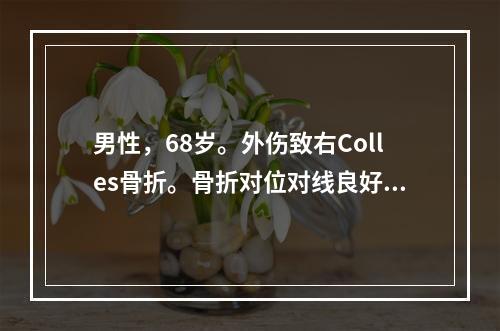 男性，68岁。外伤致右Colles骨折。骨折对位对线良好，并