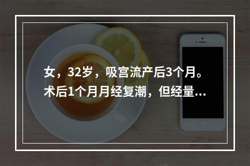 女，32岁，吸宫流产后3个月。术后1个月月经复潮，但经量少，