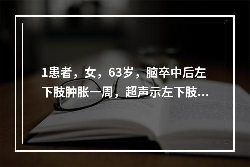 1患者，女，63岁，脑卒中后左下肢肿胀一周，超声示左下肢深静