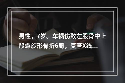 男性，7岁。车祸伤致左股骨中上段螺旋形骨折6周，复查X线检查