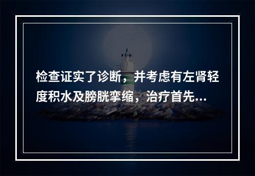 检查证实了诊断，并考虑有左肾轻度积水及膀胱挛缩，治疗首先应(