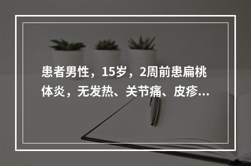 患者男性，15岁，2周前患扁桃体炎，无发热、关节痛、皮疹和腹