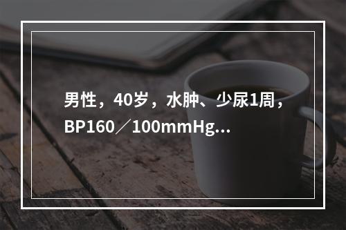 男性，40岁，水肿、少尿1周，BP160／100mmHg，尿