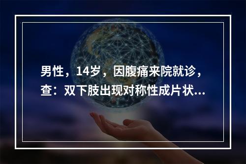 男性，14岁，因腹痛来院就诊，查：双下肢出现对称性成片状小出