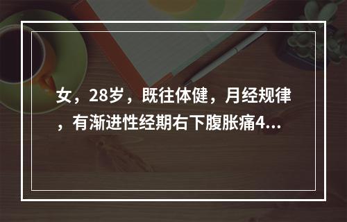 女，28岁，既往体健，月经规律，有渐进性经期右下腹胀痛4年及