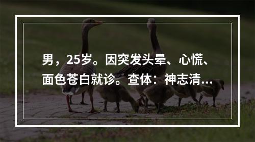 男，25岁。因突发头晕、心慌、面色苍白就诊。查体：神志清，面