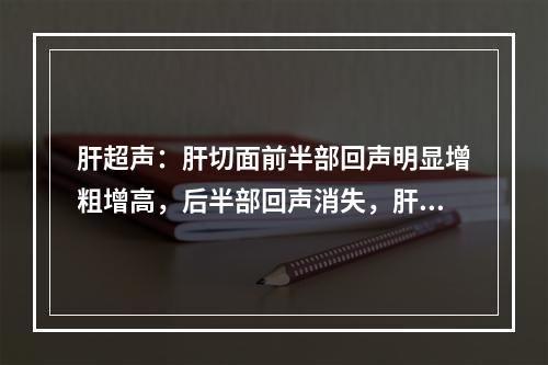 肝超声：肝切面前半部回声明显增粗增高，后半部回声消失，肝内静