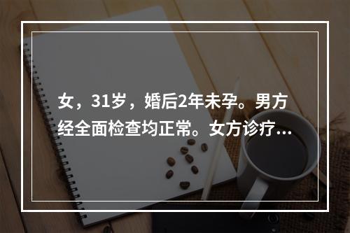 女，31岁，婚后2年未孕。男方经全面检查均正常。女方诊疗中下