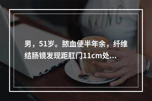 男，51岁。脓血便半年余，纤维结肠镜发现距肛门11cm处直肠