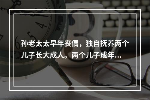 孙老太太早年丧偶，独自抚养两个儿子长大成人。两个儿子成年后，