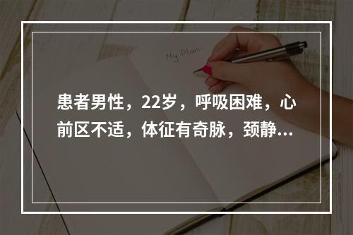 患者男性，22岁，呼吸困难，心前区不适，体征有奇脉，颈静脉怒